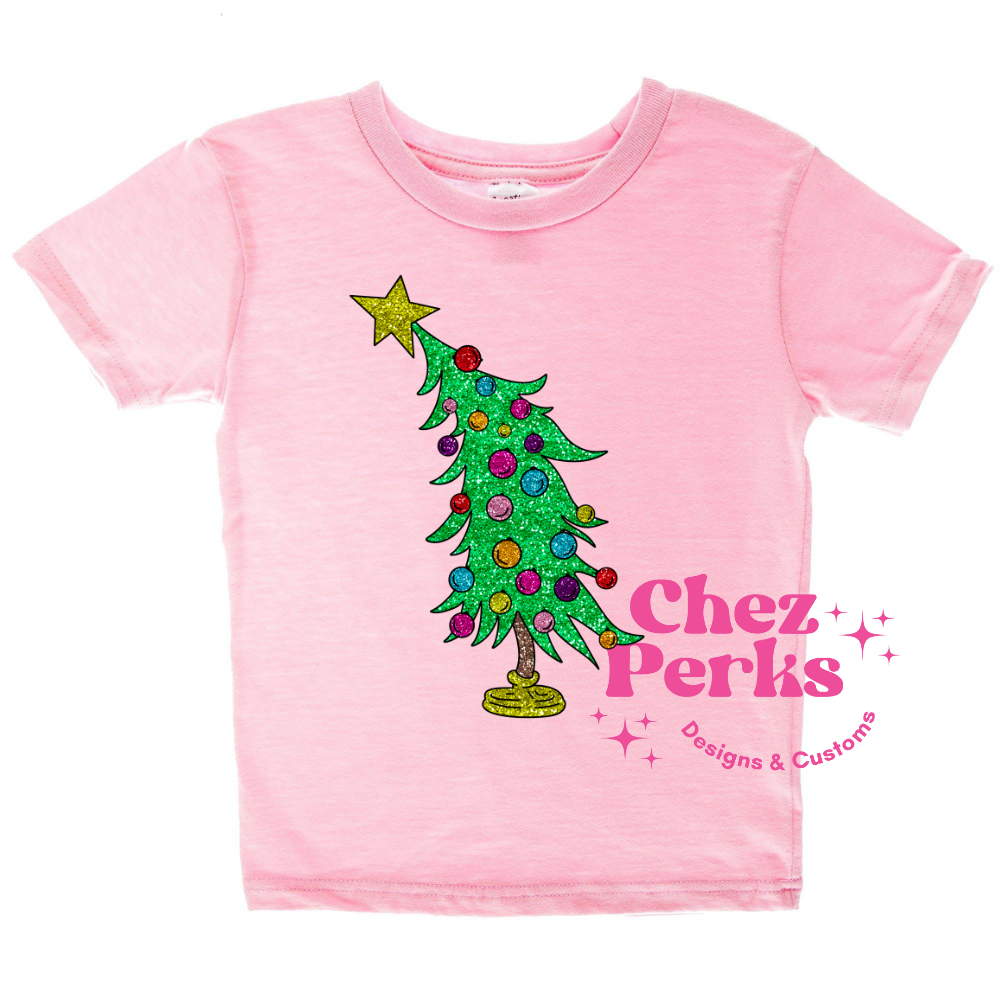 Leaning Sparkle Christmas Tree Tee Kids Custom Printed Tees, DFT