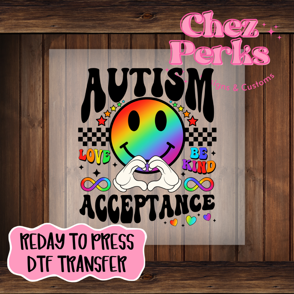 Autism Acceptance Rainbow Smiley DTF TRANSFER